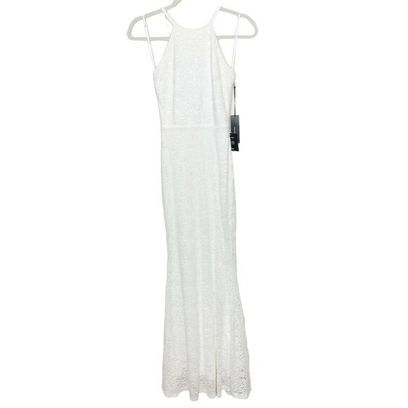 LULUS NWT White Full Lace Lined Halter Open V-Neck Back Wedding Maxi Dress XS - Picture 3 of 12